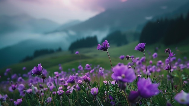 purple flowers in a field with mountains in the background