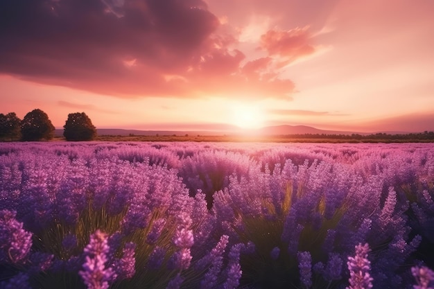 Purple flowers in a field with the sun setting behind them