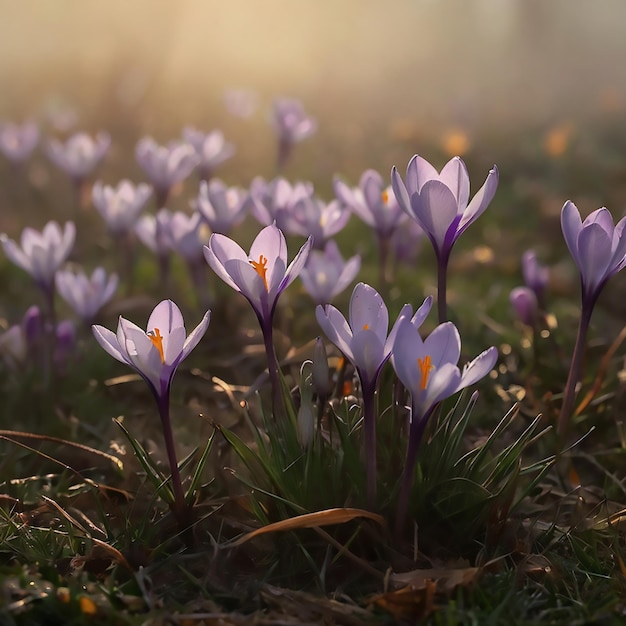 Photo purple flowers in a field with the sun shining through the clouds