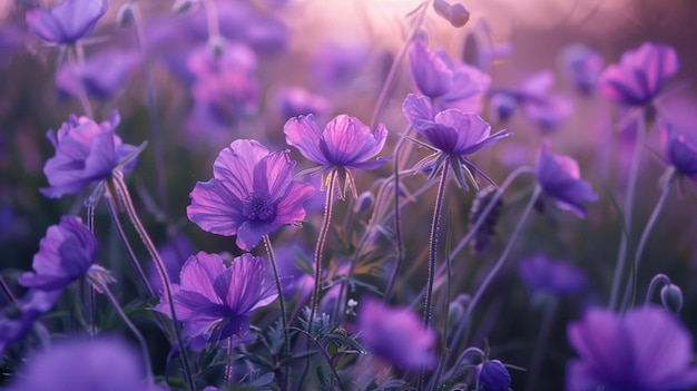 purple flowers in a field with the sun behind them