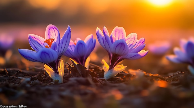 Photo purple flowers in a field with the sun behind them