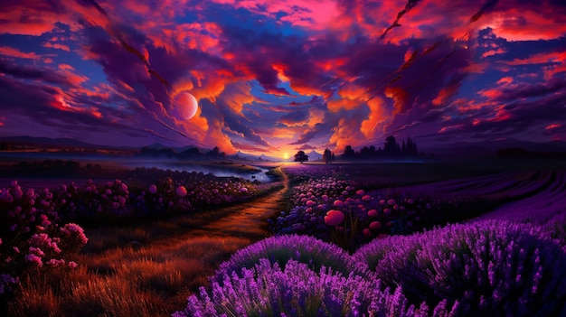 purple flowers in a field with a sunset in the background generative ai