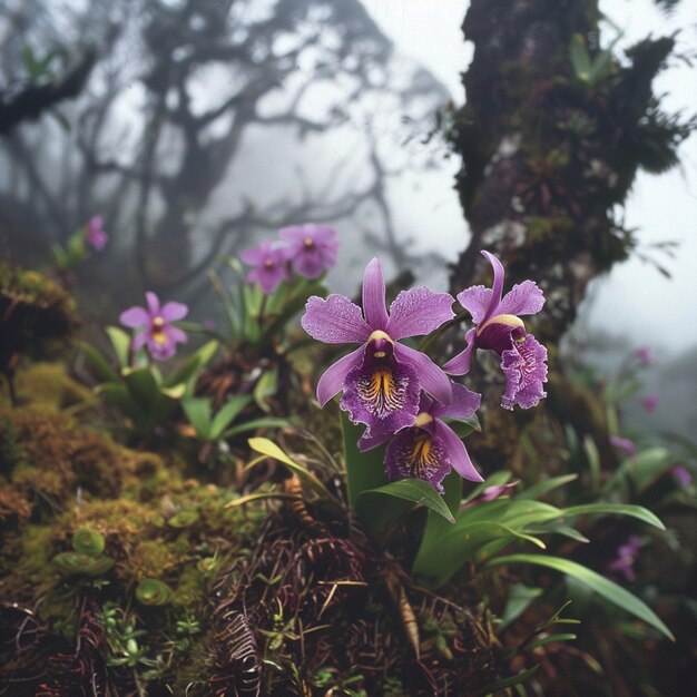 Photo purple flowers in the foreground of a mossy forest generative ai