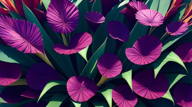 Purple flowers in a garden with green leaves