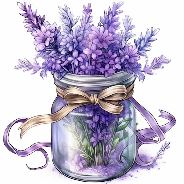 purple flowers in a glass jar with a bow and ribbon generative ai