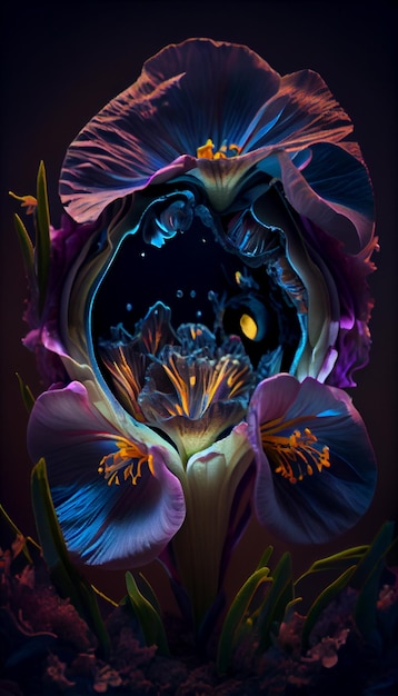 Purple flowers in a glass vase with black background generative ai