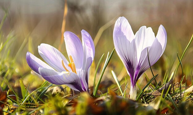 Photo purple flowers in the grass with a blurry background