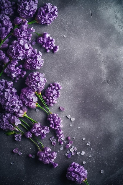 Purple flowers on a gray background with water drops.