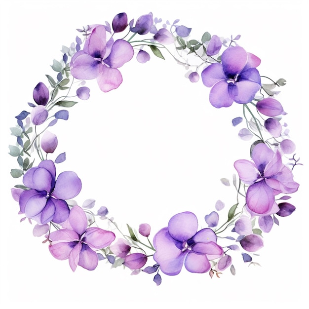 Purple flowers and leaves arranged in a circle on a white background generative ai