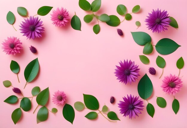 purple flowers and leaves on a pastel pink background