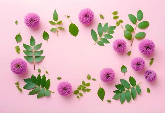 purple flowers and leaves on a pastel pink background