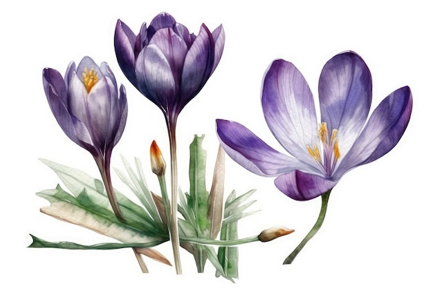 Purple flowers painted in watercolor on a white background Generative AI