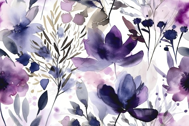 Purple flowers painted in watercolor on a white background Generative AI