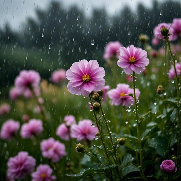 purple flowers in the rain the rain is falling on the ground