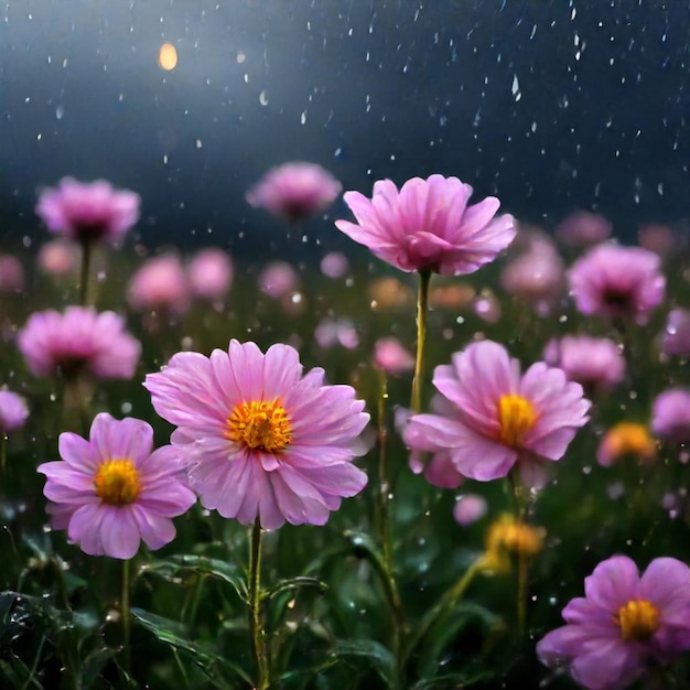 purple flowers in the rain the rain is falling on the ground