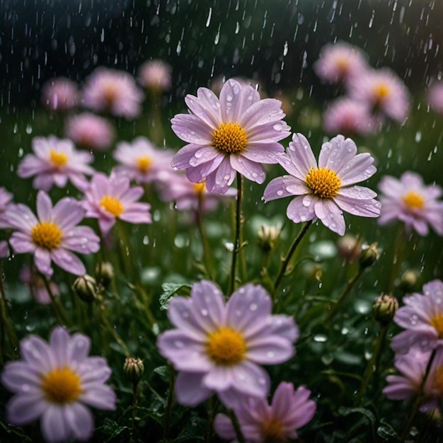 purple flowers in the rain with rain drops on them