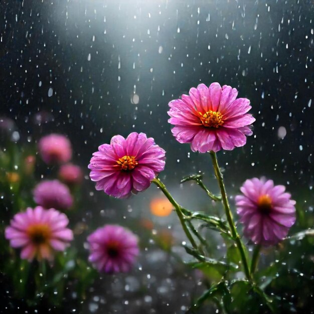 purple flowers in the rain with rain drops on them