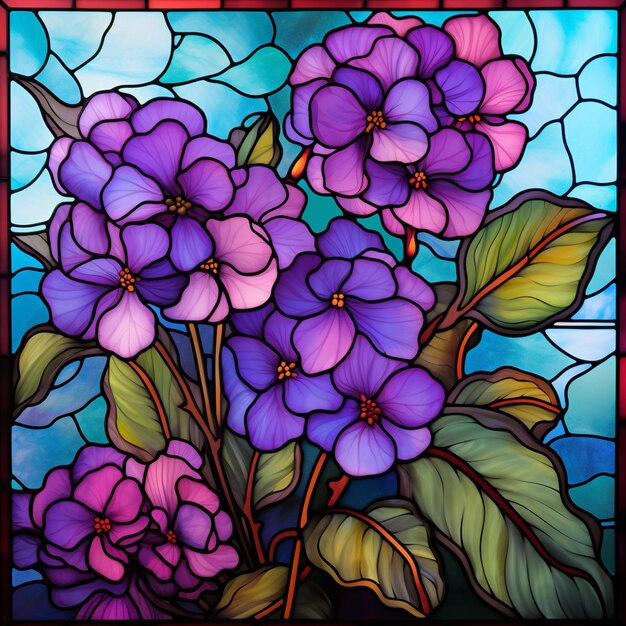 purple flowers in a stained glass window with green leaves generative ai