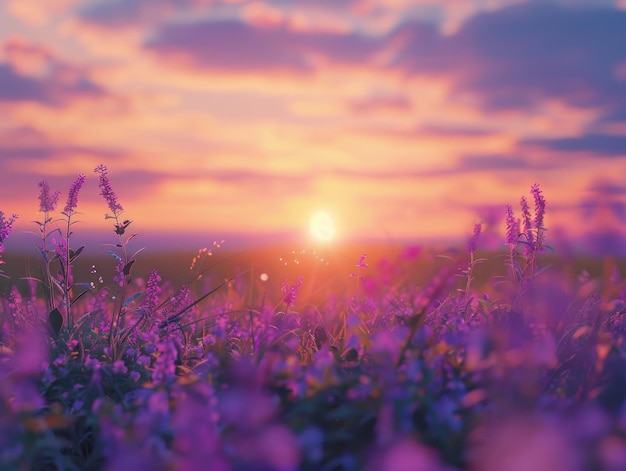 Purple flowers and sunset