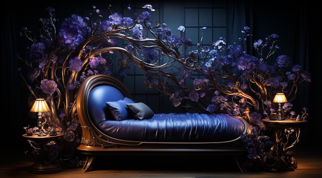 purple flowers on a tree branch in a room with a blue couch generative ai