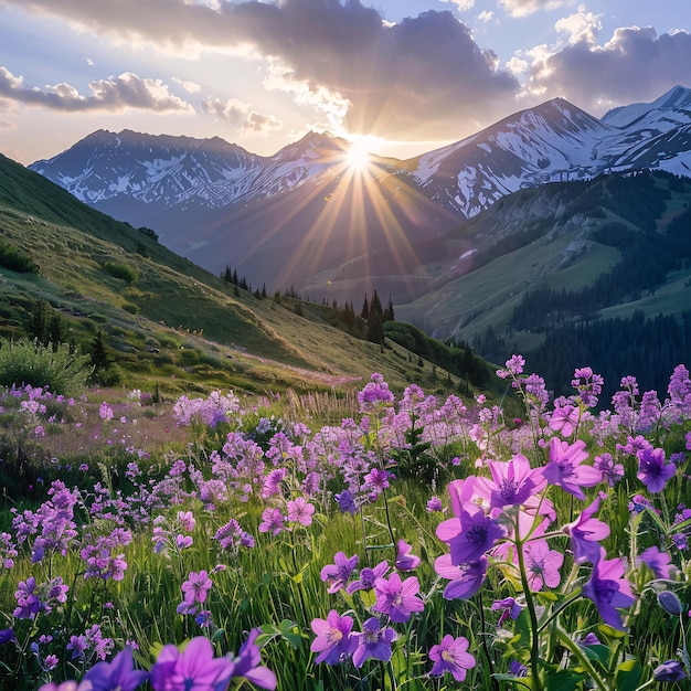 Photo a purple flowers in a valley with mountains in the background