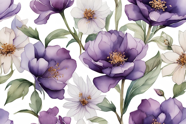 Purple flowers on white background with copy space watercolor illustration