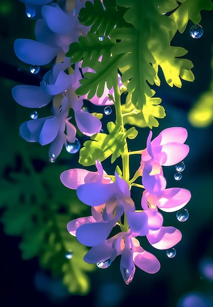 Purple flowers with dew drops on the leaves