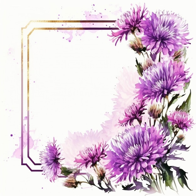 Purple flowers with a gold frame on a white background generative ai