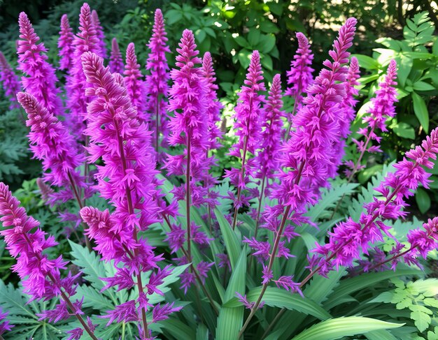 Photo purple flowers with green leaves and purple leaves in the background