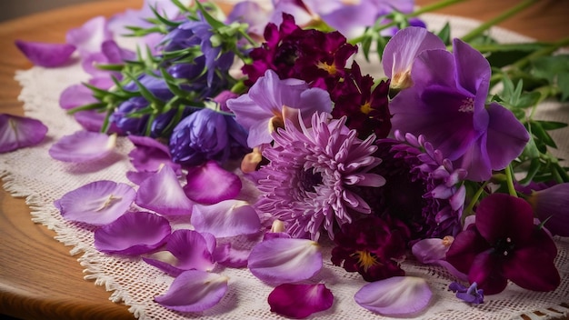 Purple flowers with petals on table