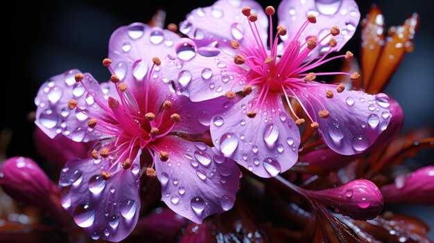 Photo purple flowers with water drops on them and the rain drops on them