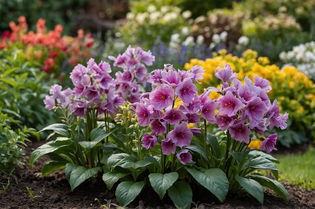 Photo purple flowers with yellow centers in a garden