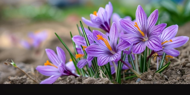 Photo purple flowers with yellow stamens in the background