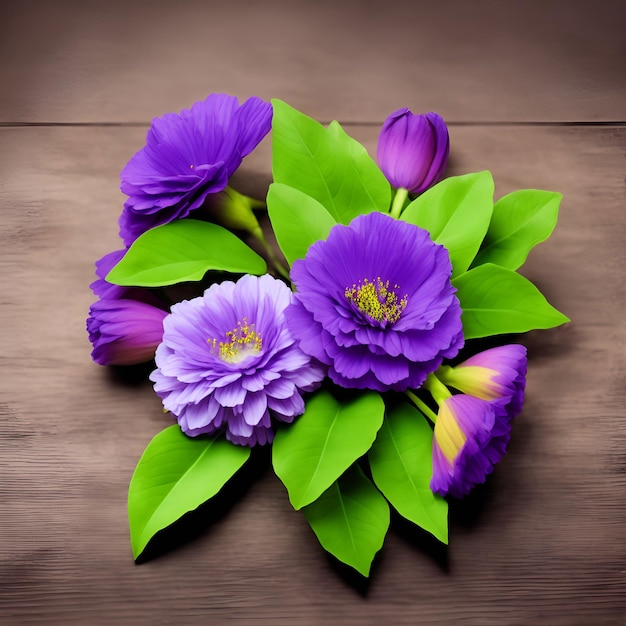 Purple flowers on a wooden table with green leaves.