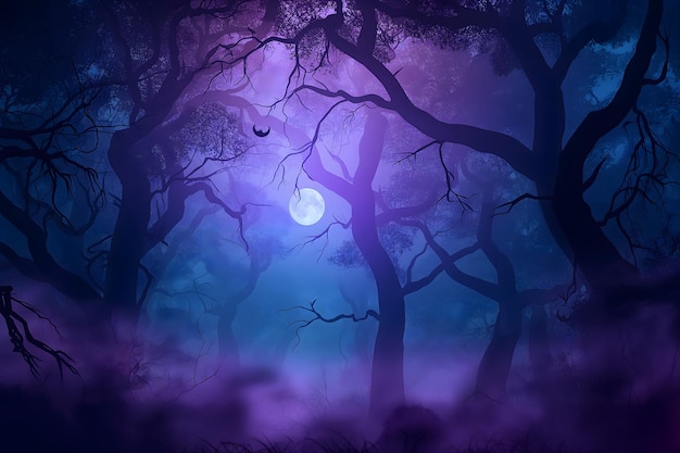 purple forest with a full moon in the background