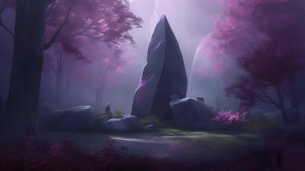 A purple forest with a large rock in the middle and a large rock in the middle.