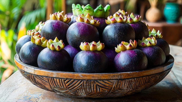 Purple Fruits in a Wooden Bowl