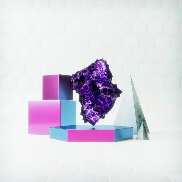 A purple gem sits on a stack of cubes with a pyramid in the background.