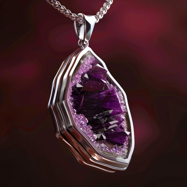 A purple gemstone pendant with a silver chain