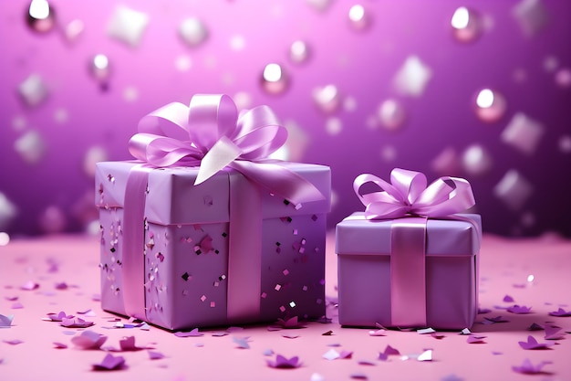 purple Gift 3d boxes with purple ribbon with purple background