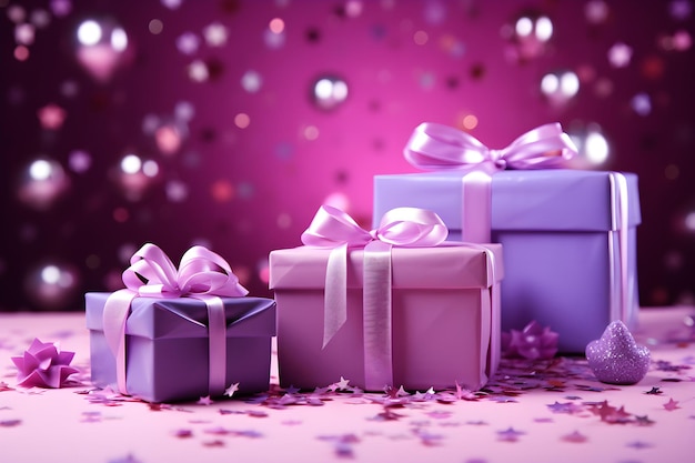 purple Gift 3d boxes with purple ribbon with purple background