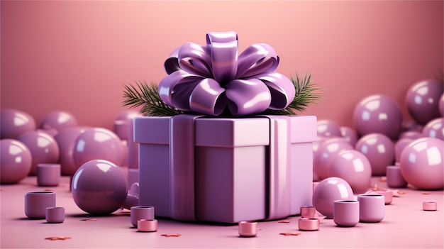 Purple gift box with gold bow 3D rendering illustration