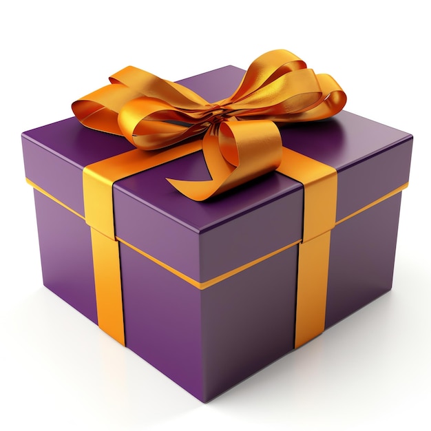 A purple gift box with a gold ribbon and a bow.