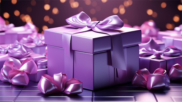 Purple gift box with purple bow and purple ribbons 3d rendering