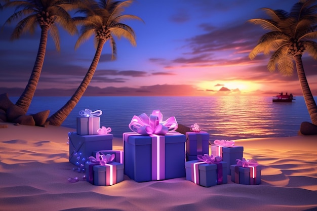 purple gift boxes on the sand against the backdrop of palm trees and the sea at sunset