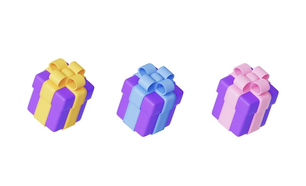 Purple gift with yellow pink and blue big bow 3d rendering