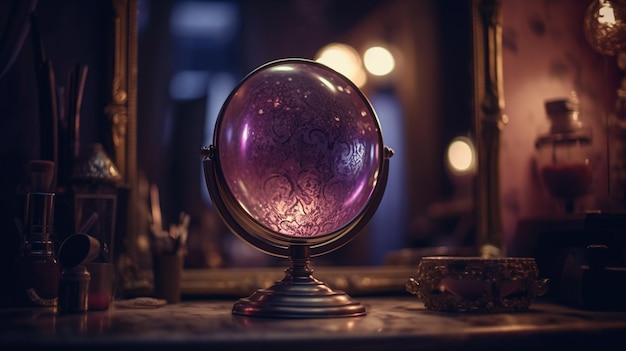 A purple glass globe sits on a table in a dark room.