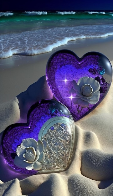 Purple glass heart shaped vases with flowers on sand generative ai