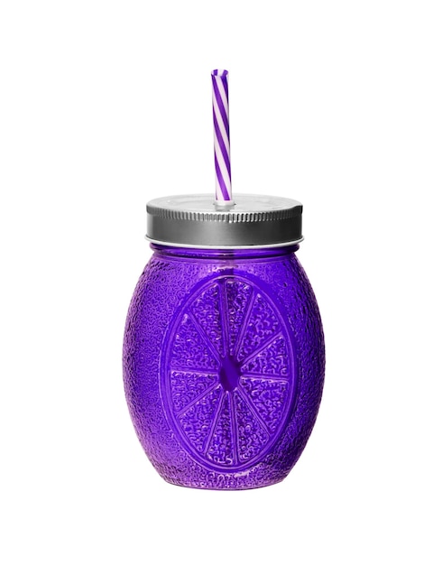 Purple glass Mason jar tumbler on a white surface