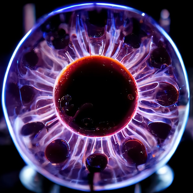 A purple glow is on a glass object with the blue light on.